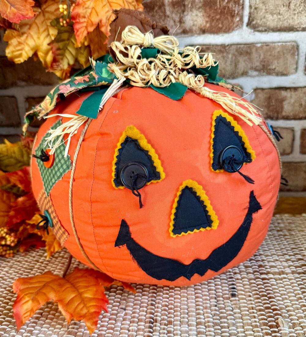 Vintage 1980s Plush Jack O Lantern | Patchwork Fabric Pumpkin